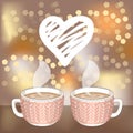 Two cocoa or coffee cups and white hatching heart Royalty Free Stock Photo
