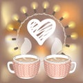 Two cocoa or coffee cups and white hatching heart Royalty Free Stock Photo