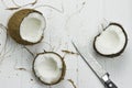 Two coconut pulp fresh tropical brown white organic coconut coconut flakes milk knife on wooden white background