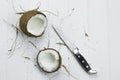 Two coconut pulp fresh tropical brown white organic coconut coconut flakes milk knife on wooden white background