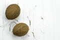 Two coconut pulp fresh tropical brown white organic coconut milk on wooden white background