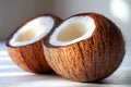 Two coconuts are cut open and placed on a white surface Royalty Free Stock Photo