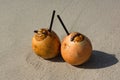 Two coconuts with drinking straws on a beach