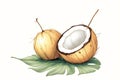 Two coconuts with one of them cut open Royalty Free Stock Photo