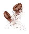 Two coffee beans broken into powder close-up on a white Royalty Free Stock Photo