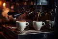 Two coffee cups being poured by espresso machine. Generative AI