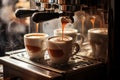 Two coffee cups being poured by espresso machine. Generative AI