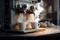 Two coffee cups being poured by espresso machine. Generative AI