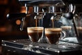 Two coffee cups being poured by espresso machine. Generative AI