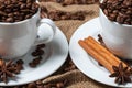 Two coffee cups with coffee beans, aniseed and cinnamon.