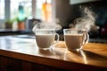 two coffee cups on a cozy kitchen table, steam rising