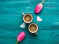 Two coffee cups, hearts and flowers. Valentine day Royalty Free Stock Photo