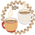 Two coffee cups with knit sleeve