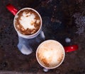 Two coffee cups for lovers prepare for morning coffee with copy blank space Royalty Free Stock Photo