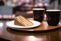 Two Coffee cups and a plate with carrot cake or pie on a on a round tray on a table in a cafe in evening or at night Royalty Free Stock Photo