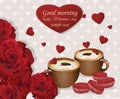 Two coffee cups and red velvet macaroons on hearts background. Romantic roses love. Valentines Day card Royalty Free Stock Photo