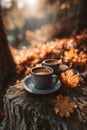 Two Coffee Cups on Tree Stump Amongst Autumn Leaves Royalty Free Stock Photo