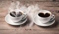 two coffee cups where the steam of the coffe forms the shape of a heart,