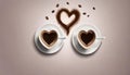 two coffee cups where the steam of the coffe forms the shape of a heart,