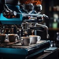 two coffee holders one with fresh ground coffee another with roasted beans standing on professional coffee machine close up