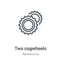 Two cogwheels outline vector icon. Thin line black two cogwheels icon, flat vector simple element illustration from editable