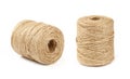 Two coil bobbins of burlap jute twine over white Royalty Free Stock Photo