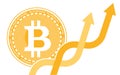 Two coins of digital cryptocurrency Bitcoin from behind two intertwining multicolored orange arrows pointing upwards