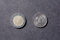 Two coins euro and ruble tails up Royalty Free Stock Photo