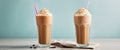 Two cold latte coffee drinks with ice cream or cream with a straw in clear glass faceted glasses on a table on a plain Royalty Free Stock Photo