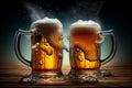 two cold pitchers of beer on a wooden table. Generative AI