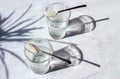 Two collagen spoons and glass water plant shadow concrete background. Sustainability, beauty and healthy living concept