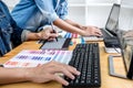 Two colleagues creative graphic designer working on color selection and drawing on graphics tablet at workplace, Color swatch Royalty Free Stock Photo
