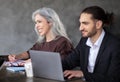 Two colleagues sitting at laptop engaging in business meeting indoor Royalty Free Stock Photo