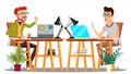 Two Colleagues Sitting At The Table With Computers Laughing At Joke Vector. Isolated Illustration