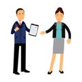 Two colleagues speaking together about documents, businessman and businesswoman characters Illustration