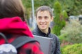 Two college students talking and flirting Royalty Free Stock Photo