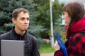 Two college students talking and flirting Royalty Free Stock Photo