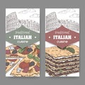 Two color banners with Rome landscape, pizza and lasagna on white.