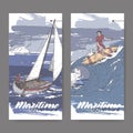 Two color banners with sailboat and surfer sketch. Maritime adveture series. Royalty Free Stock Photo
