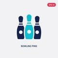 Two color bowling pins vector icon from entertainment and arcade concept. isolated blue bowling pins vector sign symbol can be use Royalty Free Stock Photo