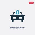 Two color brand new car with dollar price tag vector icon from mechanicons concept. isolated blue brand new car with dollar price Royalty Free Stock Photo