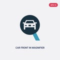 Two color car front in magnifier glass vector icon from mechanicons concept. isolated blue car front in magnifier glass vector