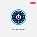 Two color clock at twelve o`clock vector icon from airport terminal concept. isolated blue clock at twelve o`clock vector sign