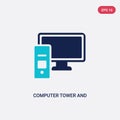 Two color computer tower and monitor vector icon from computer concept. isolated blue computer tower and monitor vector sign