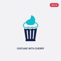 Two color cupcake with cherry vector icon from bistro and restaurant concept. isolated blue cupcake with cherry vector sign symbol