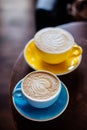 Two color cups of cappuccino