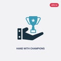 Two color hand with champions cup vector icon from signs concept. isolated blue hand with champions cup vector sign symbol can be
