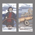 Two color labels with old captain and navigational instruments sketch. Maritime adveture series. Royalty Free Stock Photo