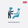 Two color man lifting an old man vector icon from people concept. isolated blue man lifting an old vector sign symbol can be use