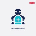 Two color militar man with protection vector icon from army concept. isolated blue militar man with protection vector sign symbol